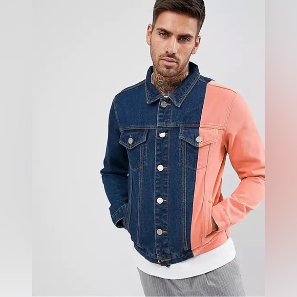 ASOS boohooMAN color block spliced denim jacket in blue wash - Picture 2 of 9